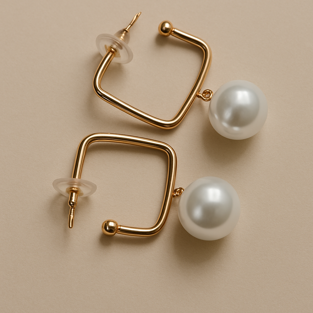 Veshoo Stylish Golden Korean Pearl Rectangle Earrings – Unique Zinc Drop & Dangler for Women, Anti-Tarnish Finish