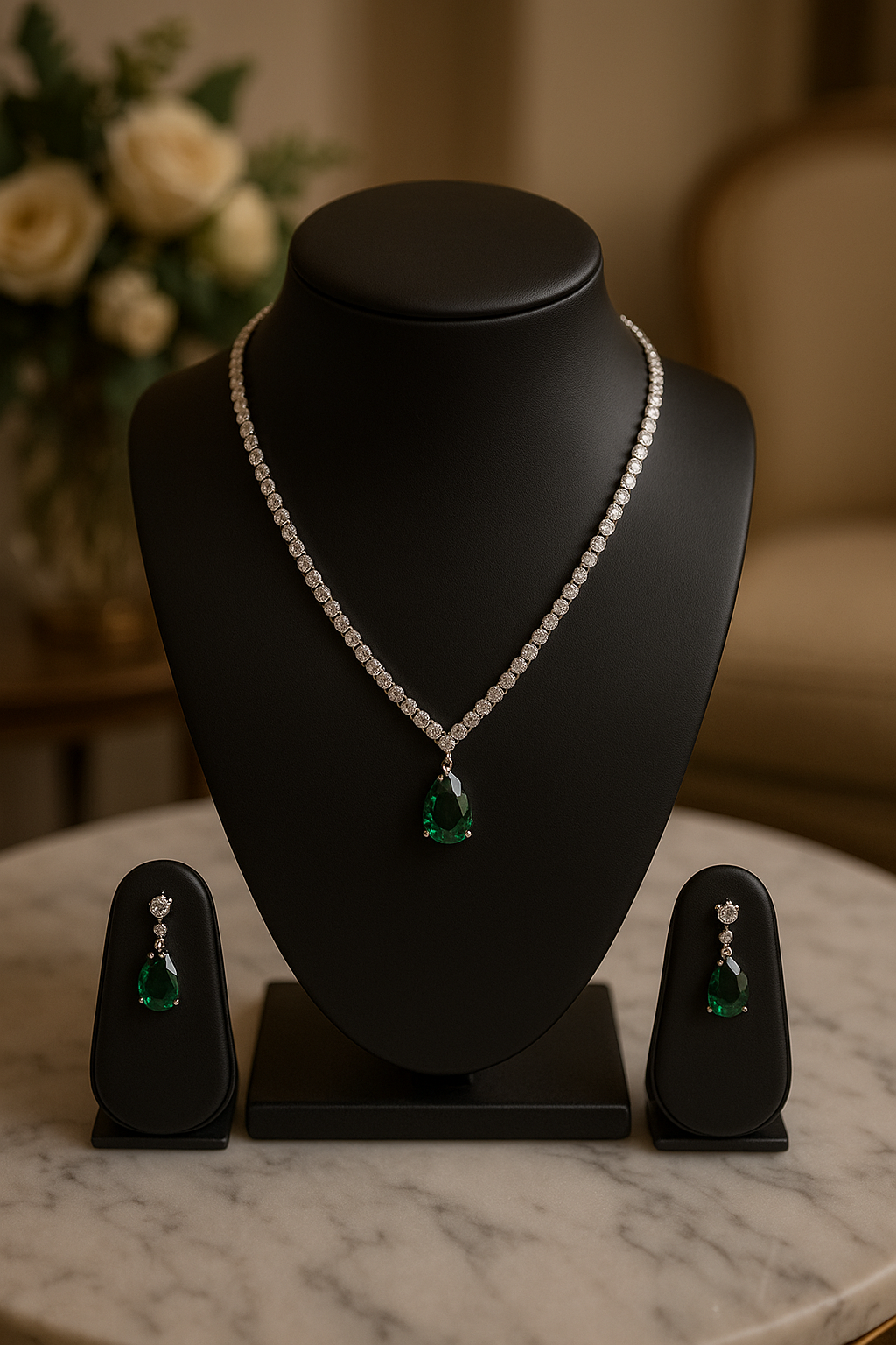 Veshoo Floral Drop Emerald Necklace Set with American Diamonds | Silver Plated Jewellery for Girls & Women