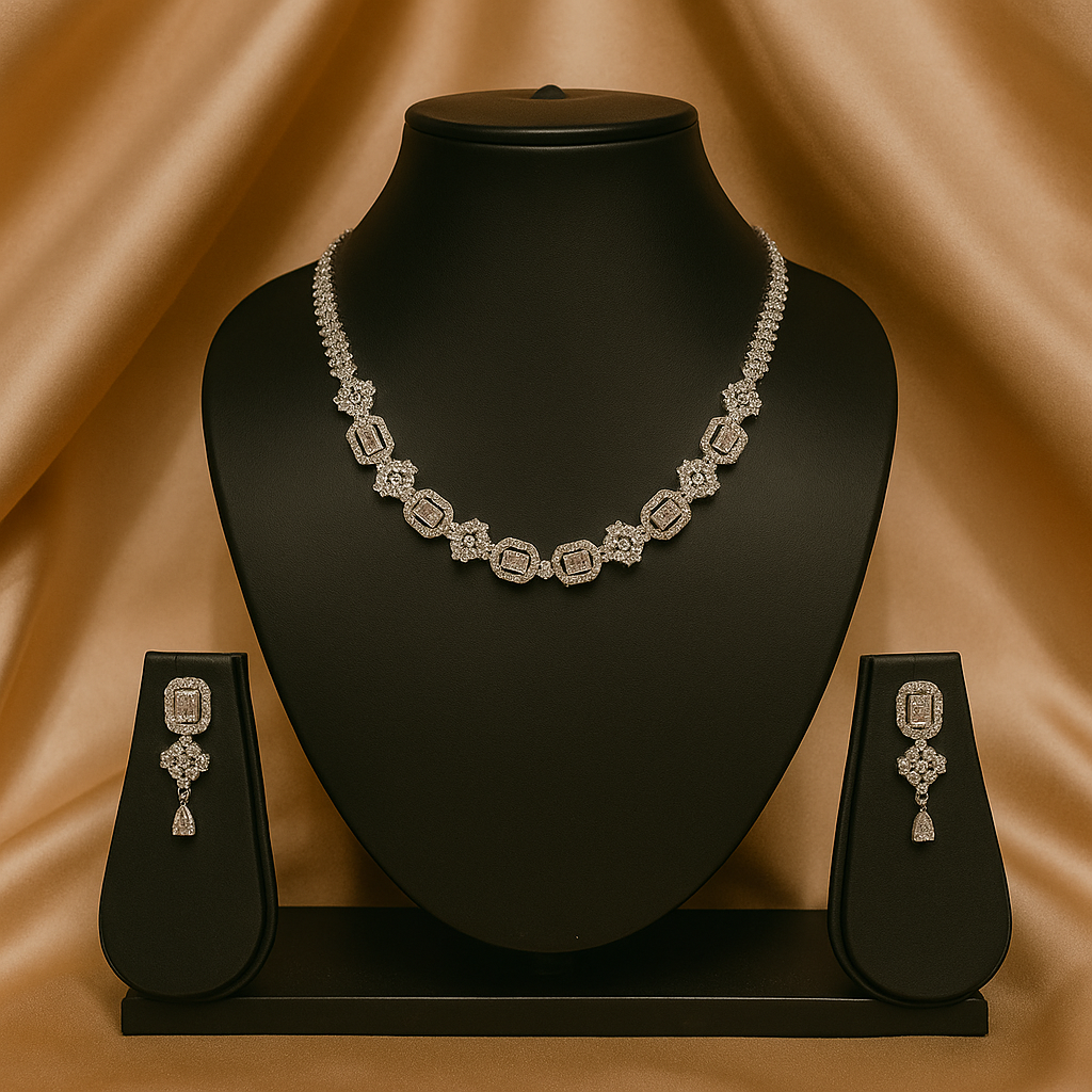 Veshoo AD Jewelry Silver Toned Aqua Green Pink American Diamond Choker Necklace Set for Women & Girls | CZ Stone Bridal Jewellery with Earrings