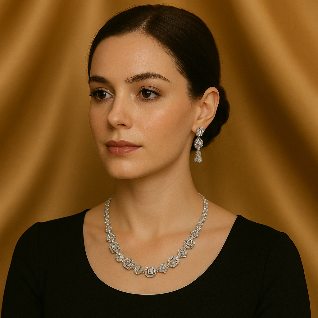 Veshoo AD Jewelry Silver Toned Aqua Green Pink American Diamond Choker Necklace Set for Women & Girls | CZ Stone Bridal Jewellery with Earrings