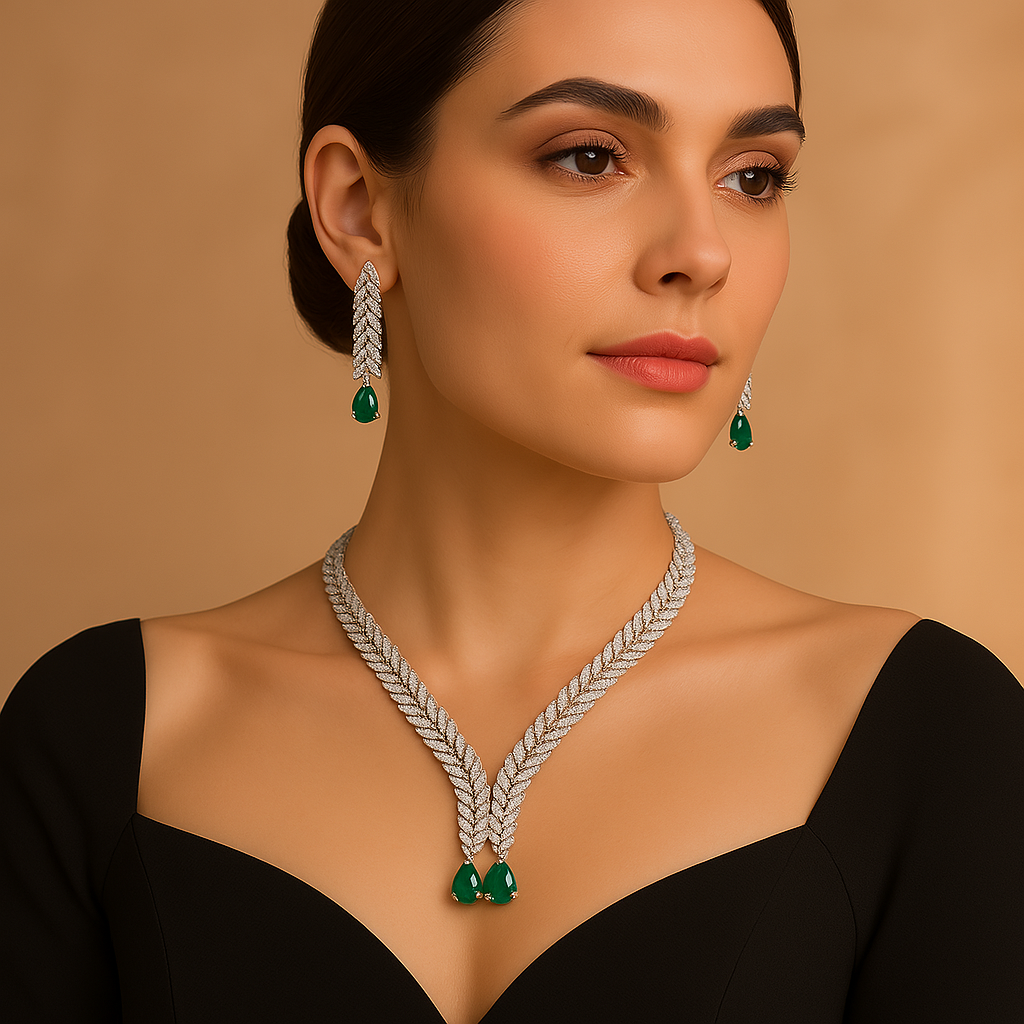 Veshoo American Diamond Necklace Set for Women | Sparkling Crystal Jewellery with Earrings | Elegant Gift for Girls & Women