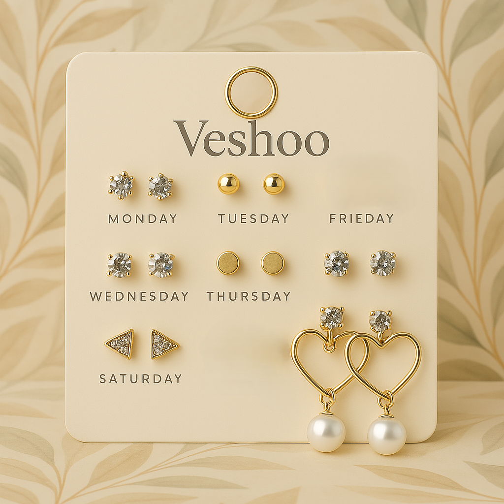 Veshoo Stylish Western Stud Earrings Combo Set of 7 for Women & Girls – AD, Pearl, Star & Heart Designs