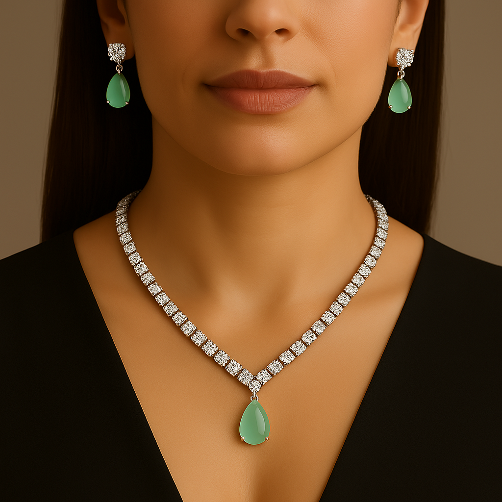 Veshoo Floral Drop Emerald Necklace Set with American Diamonds | Silver Plated Jewellery for Girls & Women