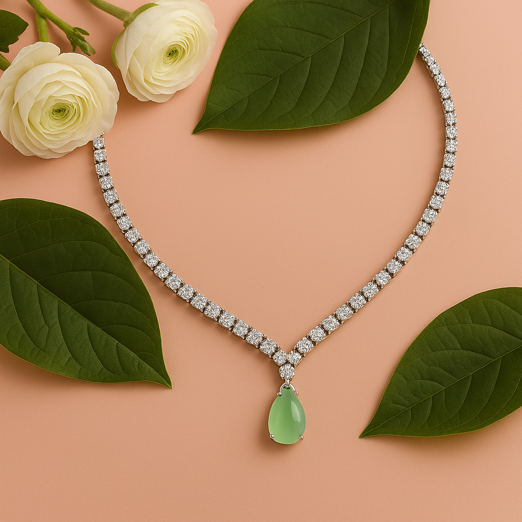 Veshoo Floral Drop Emerald Necklace Set with American Diamonds | Silver Plated Jewellery for Girls & Women