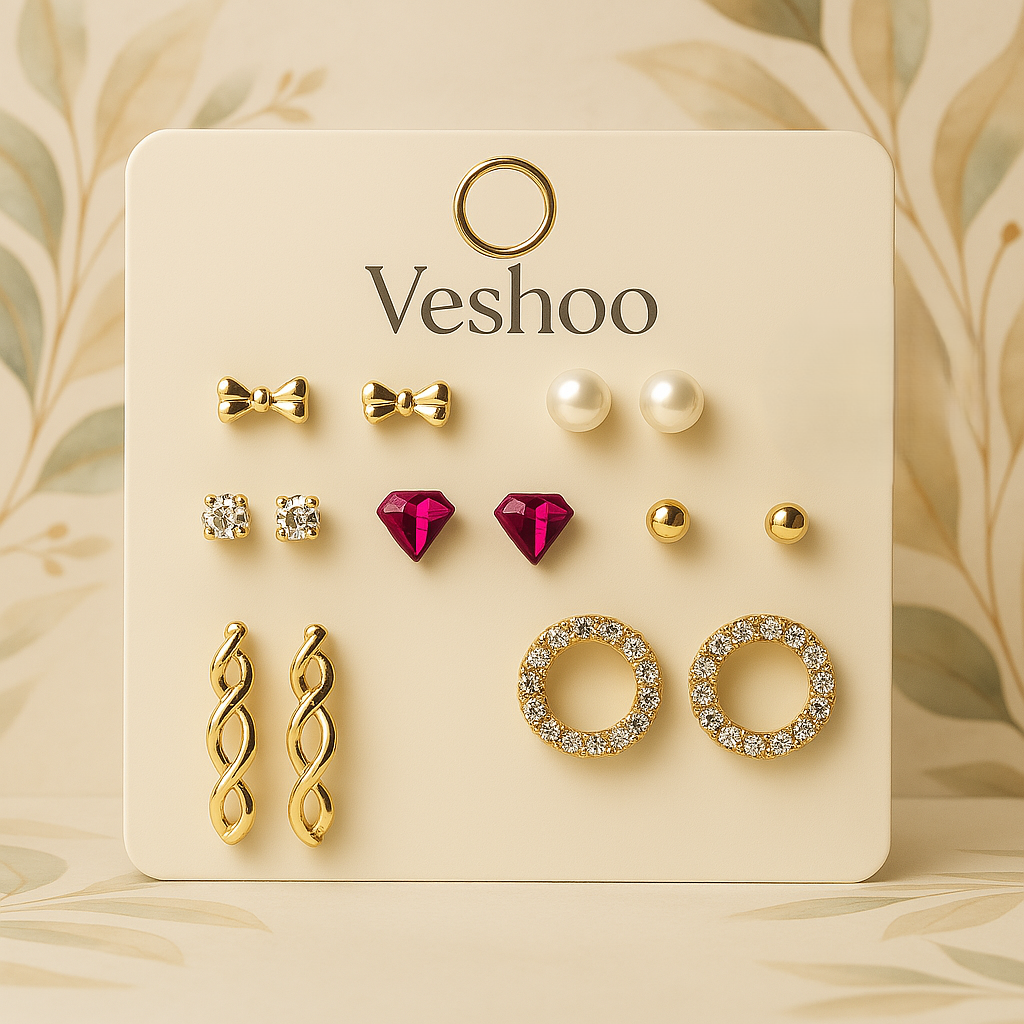 Veshoo Stylish Western Stud Earrings Combo Set of 7 for Women & Girls – AD, Pearl, Star & Heart Designs
